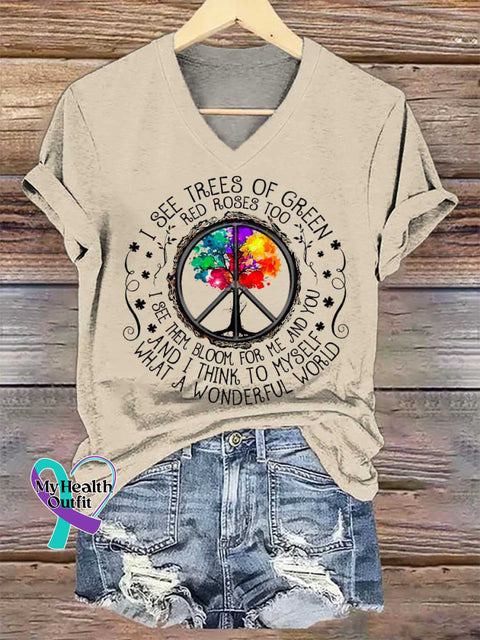 Women’s I SEE TREES OF GREEN RED ROSES TOO And I Think To Myself What A Wonderful World V-neck Casual T-Shirt Sand / S