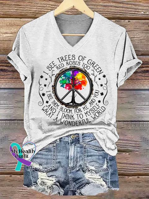 Women’s I SEE TREES OF GREEN RED ROSES TOO And I Think To Myself What A Wonderful World V-neck Casual T-Shirt White / S