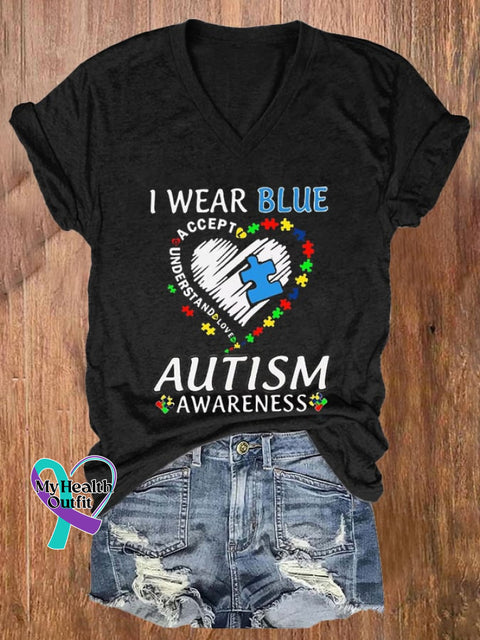 Women’s I Wear Blue For Autism Awareness Printed Casual T-Shirt Black / S
