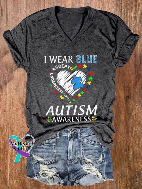 Women’s I Wear Blue For Autism Awareness Printed Casual T-Shirt Dark Grey / S