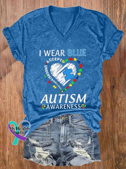 Women’s I Wear Blue For Autism Awareness Printed Casual T-Shirt / S