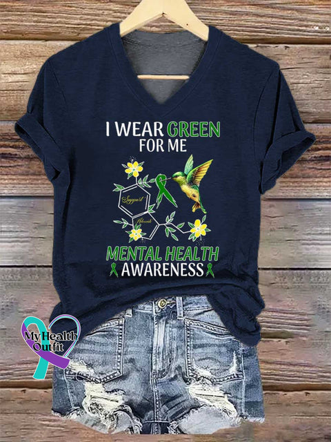 Women’s I WEAR GREEN FOR ME Support Advocate MENTAL HEALTH AWARENESS V-neck Casual T-Shirt Blue / S