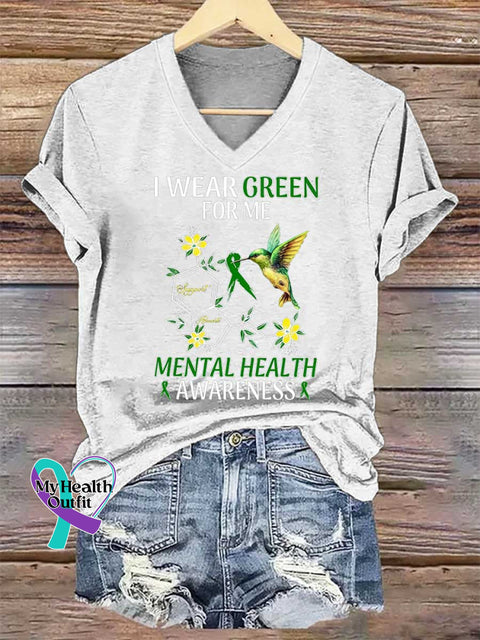 Women’s I WEAR GREEN FOR ME Support Advocate MENTAL HEALTH AWARENESS V-neck Casual T-Shirt White / S