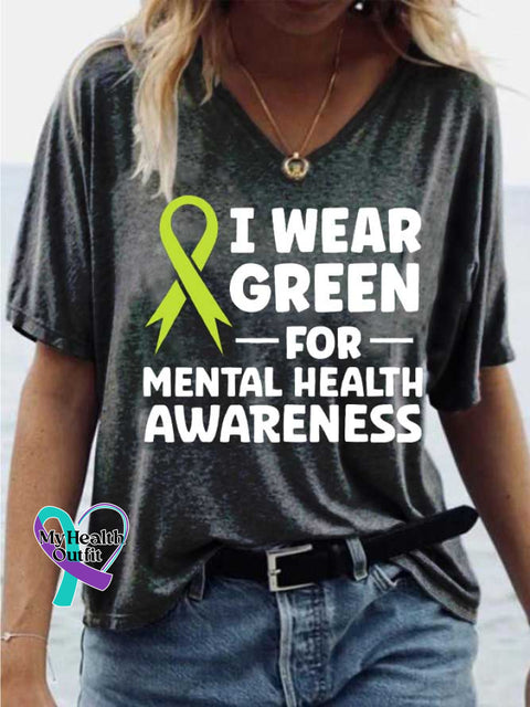 Women’s I WEAR GREEN FOR-MENTAL HEALTH AWARENESS V-neck Casual T-Shirt Black / S