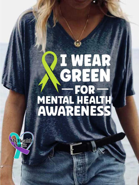 Women’s I WEAR GREEN FOR-MENTAL HEALTH AWARENESS V-neck Casual T-Shirt Blue / S