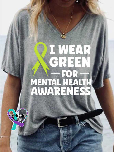 Women’s I WEAR GREEN FOR-MENTAL HEALTH AWARENESS V-neck Casual T-Shirt Grey / S
