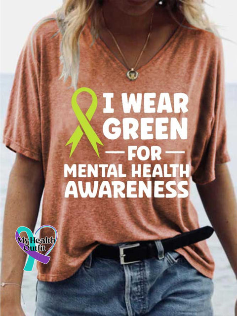 Women’s I WEAR GREEN FOR-MENTAL HEALTH AWARENESS V-neck Casual T-Shirt Orange / S