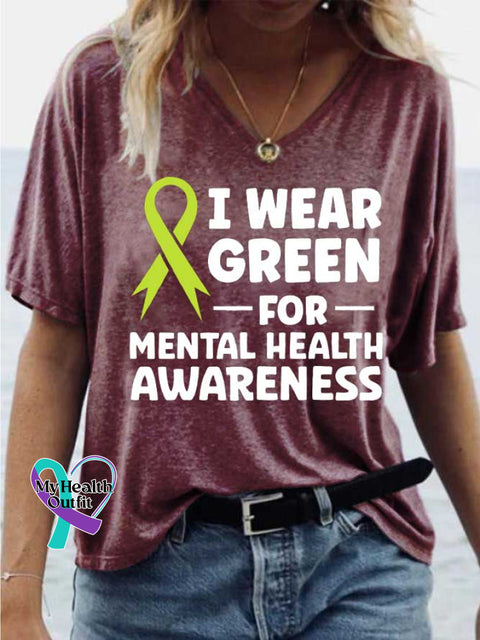 Women’s I WEAR GREEN FOR-MENTAL HEALTH AWARENESS V-neck Casual T-Shirt Red / S