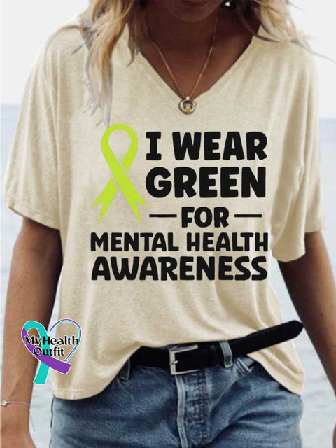Women’s I WEAR GREEN FOR-MENTAL HEALTH AWARENESS V-neck Casual T-Shirt Sand / S