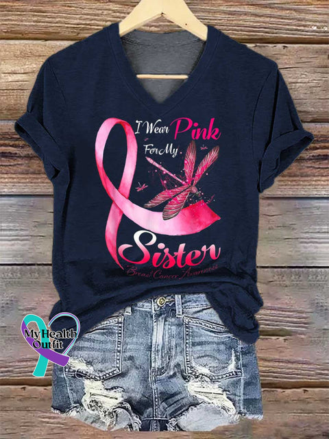 Women’s I Wear Pink For My Sister Breast Cancer Awareness V neck Casual T Shirt Blue / S