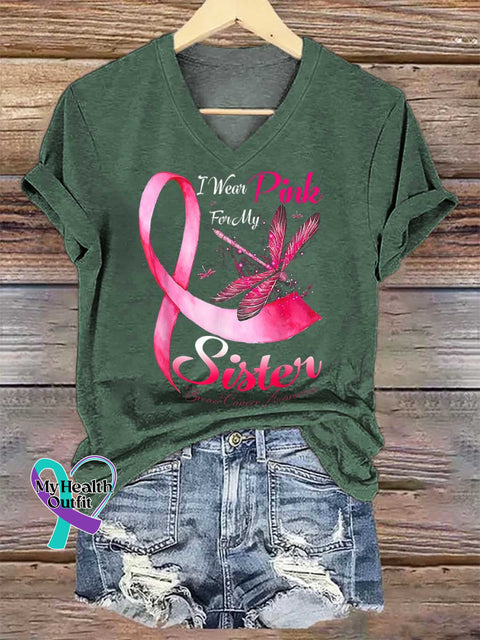 Women’s I Wear Pink For My Sister Breast Cancer Awareness V neck Casual T Shirt Green / S
