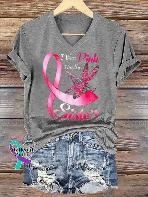 Women’s I Wear Pink For My Sister Breast Cancer Awareness V neck Casual T Shirt Grey / S