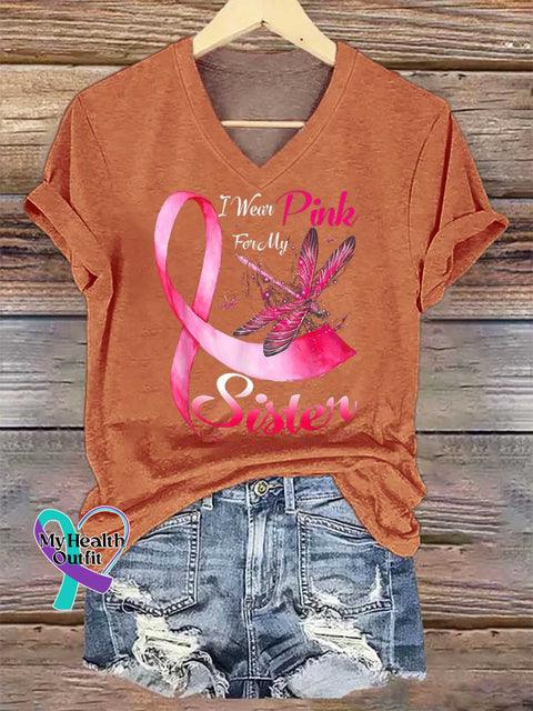 Women’s I Wear Pink For My Sister Breast Cancer Awareness V neck Casual T Shirt Orange / S