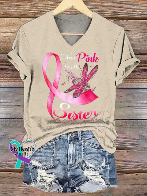 Women’s I Wear Pink For My Sister Breast Cancer Awareness V neck Casual T Shirt Sand / S