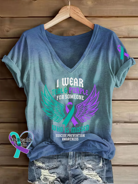 Women’s I WEAR TEAL & PURPLE FOR SOMEONE WHO IS MISSED SUICIDE PREVENTION AWARENESS V neck Casual T Shirt Blue / S