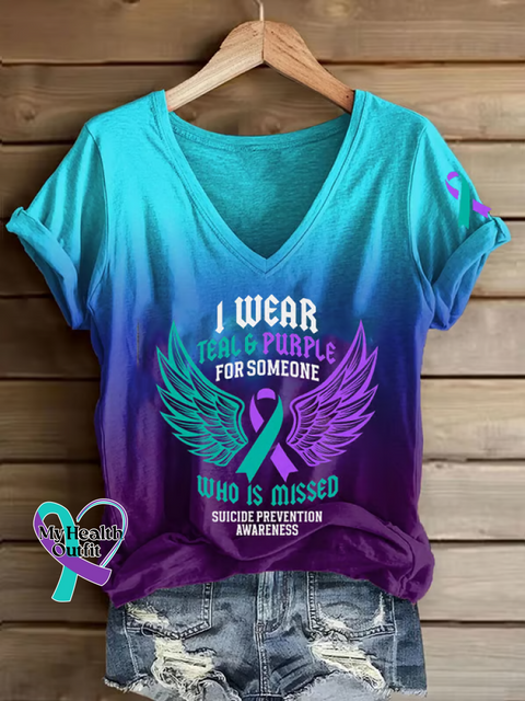 Women’s I WEAR TEAL & PURPLE FOR SOMEONE WHO IS MISSED SUICIDE PREVENTION AWARENESS V neck Casual T Shirt Purple / S
