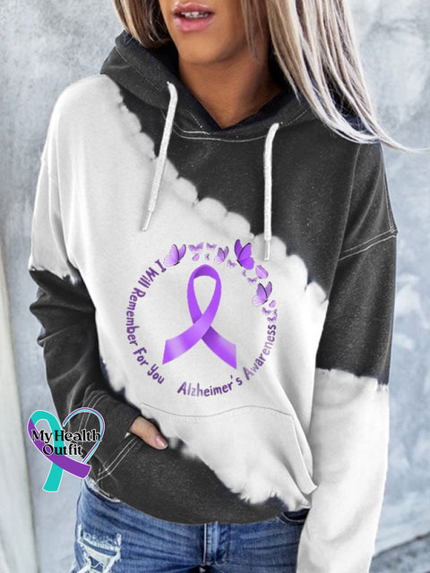 Women’s I Will Remember For You Alzheimers Awareness Tie Dye Print Hoodie Grey / S