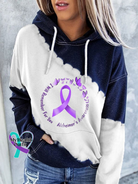 Women’s I Will Remember For You Alzheimers Awareness Tie Dye Print Hoodie Navy / S