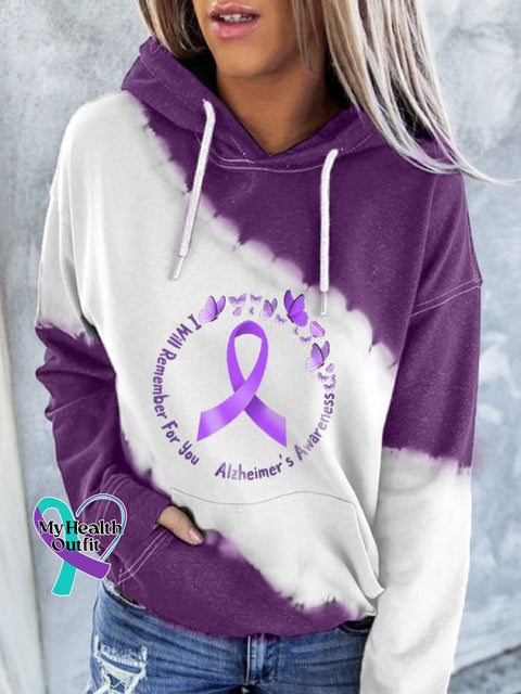 Women’s I Will Remember For You Alzheimers Awareness Tie Dye Print Hoodie Purple / S