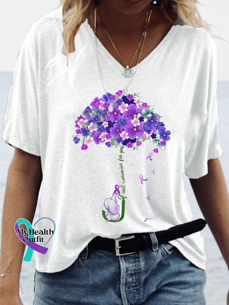 Women’s I Will Remember For You Alzheimer’s Disease Awareness Dementia Print V-Neck T-Shirt