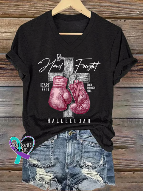 Women’s I’LL Bring My Hand Fought HEART FELT BEEN THROUGH HELL HALLELUJAH Breast Cancer Awareness V neck Casual T Shirt