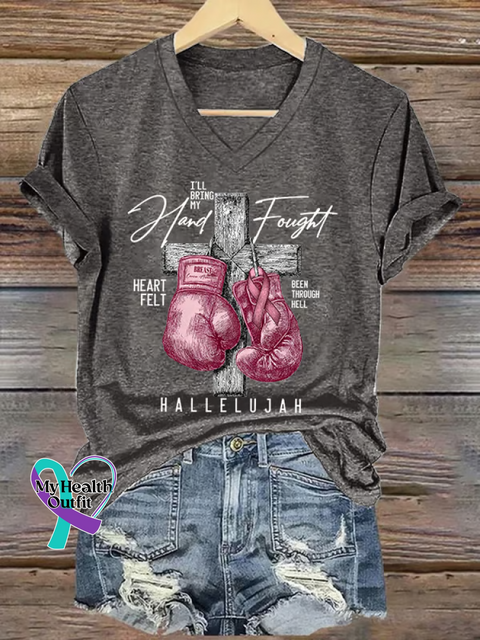 Women’s I’LL Bring My Hand Fought HEART FELT BEEN THROUGH HELL HALLELUJAH Breast Cancer Awareness V neck Casual T Shirt