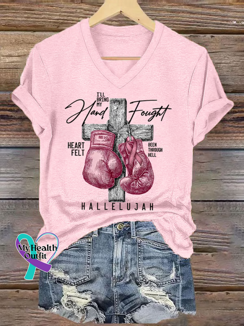 Women’s I’LL Bring My Hand Fought HEART FELT BEEN THROUGH HELL HALLELUJAH Breast Cancer Awareness V neck Casual T Shirt