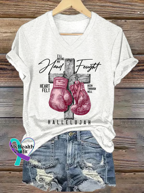 Women’s I’LL Bring My Hand Fought HEART FELT BEEN THROUGH HELL HALLELUJAH Breast Cancer Awareness V neck Casual T Shirt