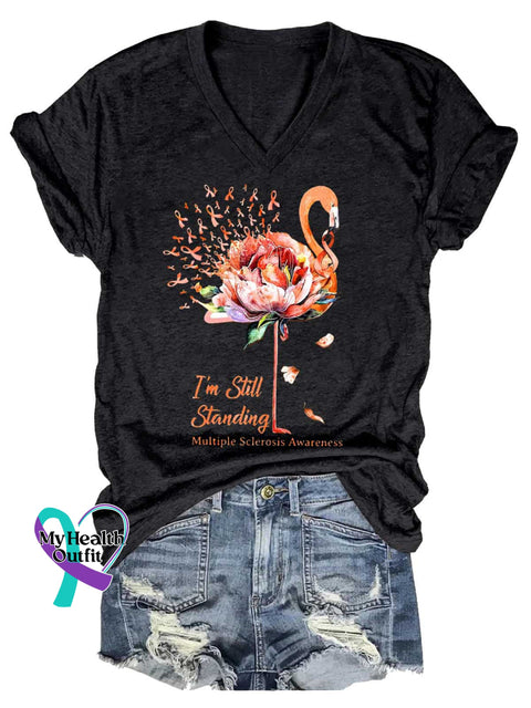 Women’s I’m Still Standing Ms Awareness Multiple Sclerosis Warrior Multiple Sclerosis Orange Ribbon V-neck Casual
