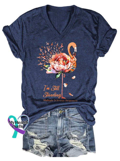Women’s I’m Still Standing Ms Awareness Multiple Sclerosis Warrior Multiple Sclerosis Orange Ribbon V-neck Casual