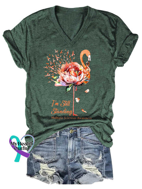 Women’s I’m Still Standing Ms Awareness Multiple Sclerosis Warrior Multiple Sclerosis Orange Ribbon V-neck Casual