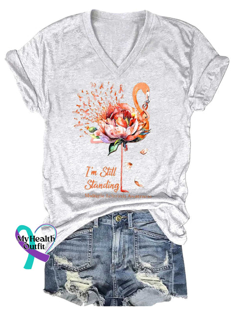 Women’s I’m Still Standing Ms Awareness Multiple Sclerosis Warrior Multiple Sclerosis Orange Ribbon V-neck Casual