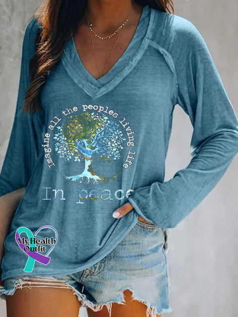 Women’s Imagine All People Living On The Tree Of Life Long Sleeve T-Shirt Blue / S