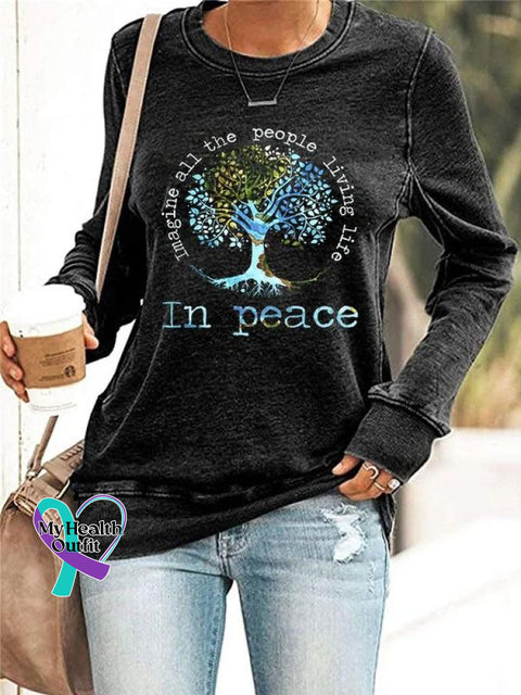 Women’s Imagine All The People Living Life In Peace Art Print Long Sleeve Tops Black / S