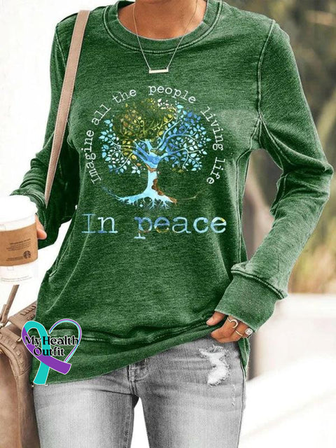 Women’s Imagine All The People Living Life In Peace Art Print Long Sleeve Tops Green / S