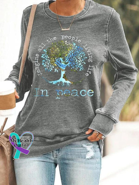 Women’s Imagine All The People Living Life In Peace Art Print Long Sleeve Tops Grey / S