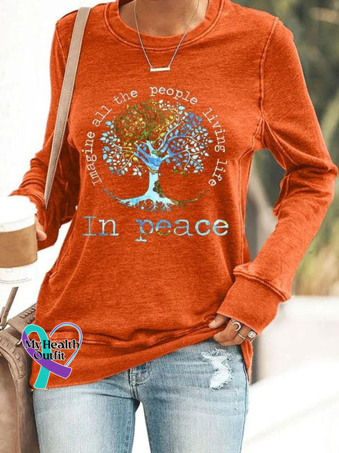 Women’s Imagine All The People Living Life In Peace Art Print Long Sleeve Tops Orange / S