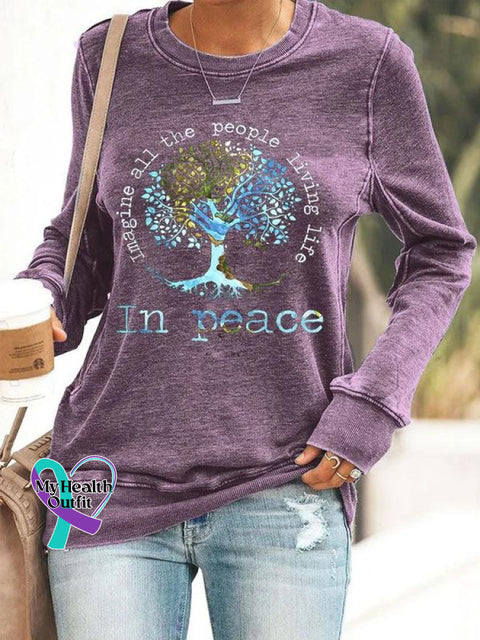 Women’s Imagine All The People Living Life In Peace Art Print Long Sleeve Tops Purple / S