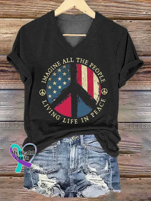 Women’s IMAGINE ALL THE PEOPLE LIVING LIFE IN PEACE Peace Sign V-neck Casual T-Shirt Black / S