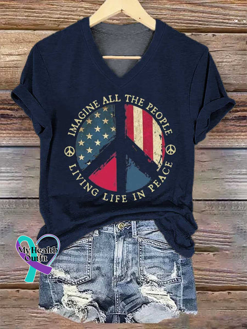 Women’s IMAGINE ALL THE PEOPLE LIVING LIFE IN PEACE Peace Sign V-neck Casual T-Shirt Blue / S