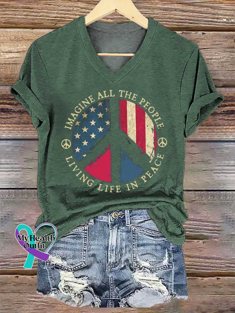Women’s IMAGINE ALL THE PEOPLE LIVING LIFE IN PEACE Peace Sign V-neck Casual T-Shirt Green / S