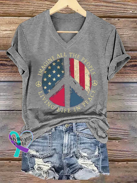 Women’s IMAGINE ALL THE PEOPLE LIVING LIFE IN PEACE Peace Sign V-neck Casual T-Shirt Grey / S