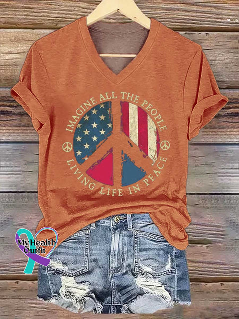Women’s IMAGINE ALL THE PEOPLE LIVING LIFE IN PEACE Peace Sign V-neck Casual T-Shirt Orange / S