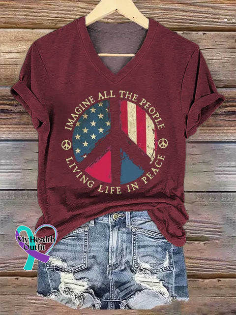 Women’s IMAGINE ALL THE PEOPLE LIVING LIFE IN PEACE Peace Sign V-neck Casual T-Shirt Red / S