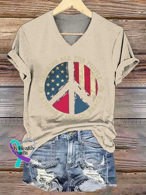 Women’s IMAGINE ALL THE PEOPLE LIVING LIFE IN PEACE Peace Sign V-neck Casual T-Shirt Sand / S