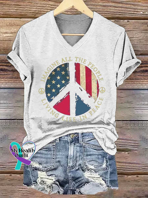 Women’s IMAGINE ALL THE PEOPLE LIVING LIFE IN PEACE Peace Sign V-neck Casual T-Shirt White / S