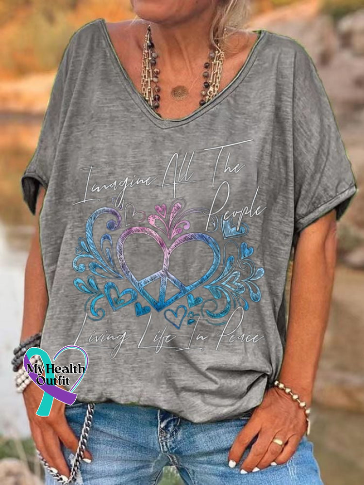 Women’s Imagine Hippie People Living Life In Peace And Love Print T-Shirt Grey / S