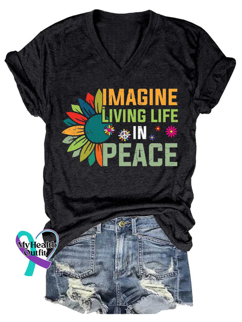 Women’s IMAGINE LIVING LIFE IN PEACE Peace Sign V-neck Casual T-Shirt Black / S