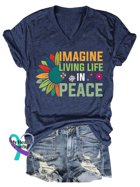 Women’s IMAGINE LIVING LIFE IN PEACE Peace Sign V-neck Casual T-Shirt Blue / S