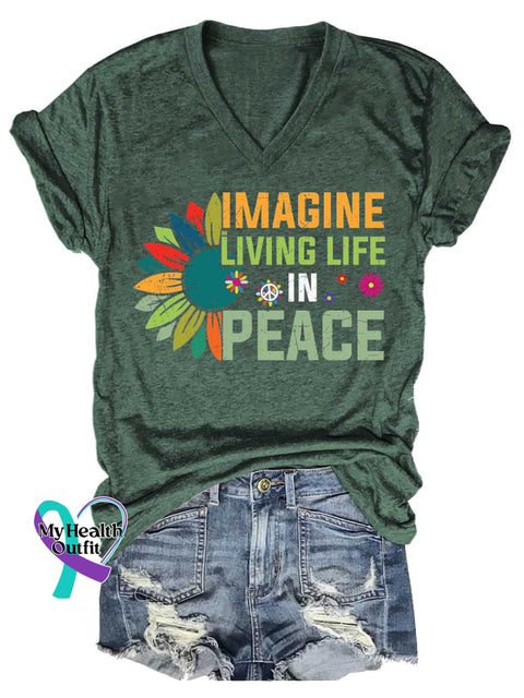 Women’s IMAGINE LIVING LIFE IN PEACE Peace Sign V-neck Casual T-Shirt Green / S